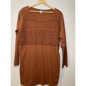 Harold's Vintage Long‎ Sleeve Tunic Top Crochet Rust Orange